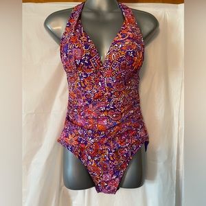 Lauren Ralph Lauren Multi Tile Print Halter  One Piece Swimsuit